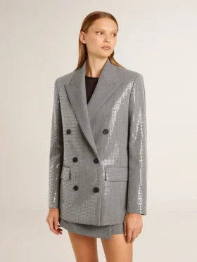 Veste boyfriend en laine à double boutonnage, motif micro-pied-de-poule et paillettes