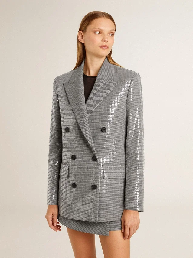 Veste boyfriend en laine à double boutonnage, motif micro-pied-de-poule et paillettes