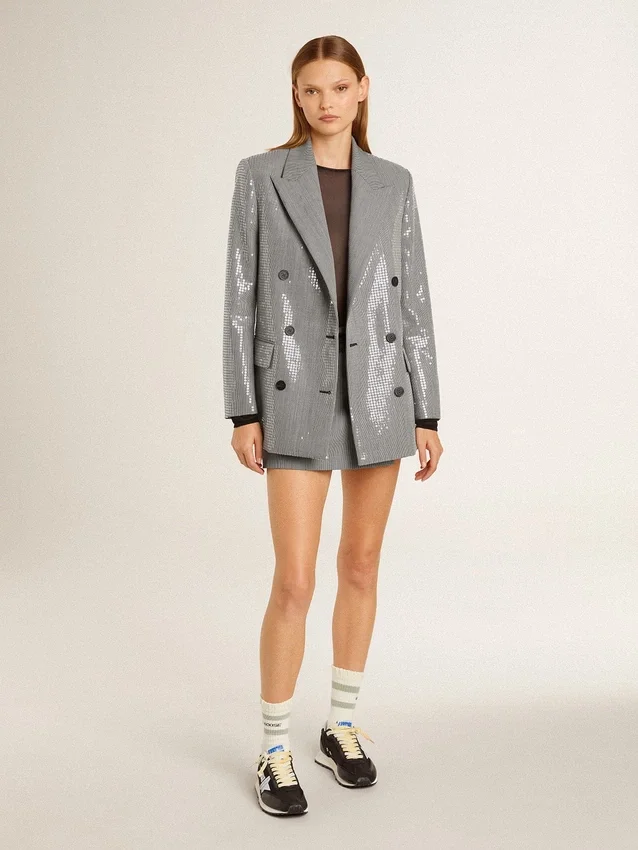 Veste boyfriend en laine à double boutonnage, motif micro-pied-de-poule et paillettes