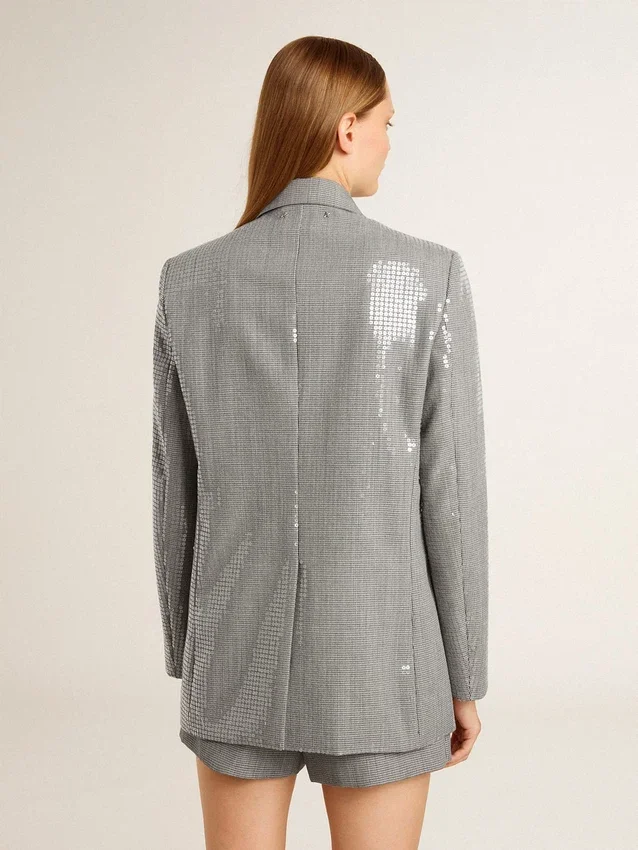 Veste boyfriend en laine à double boutonnage, motif micro-pied-de-poule et paillettes