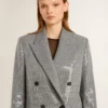 Veste boyfriend en laine à double boutonnage, motif micro-pied-de-poule et paillettes