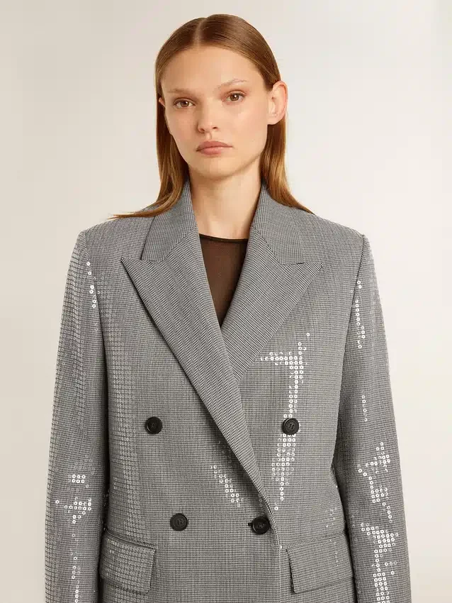 Veste boyfriend en laine à double boutonnage, motif micro-pied-de-poule et paillettes