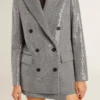 Veste boyfriend en laine à double boutonnage, motif micro-pied-de-poule et paillettes