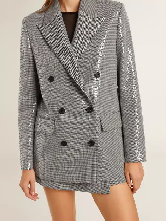 Veste boyfriend en laine à double boutonnage, motif micro-pied-de-poule et paillettes