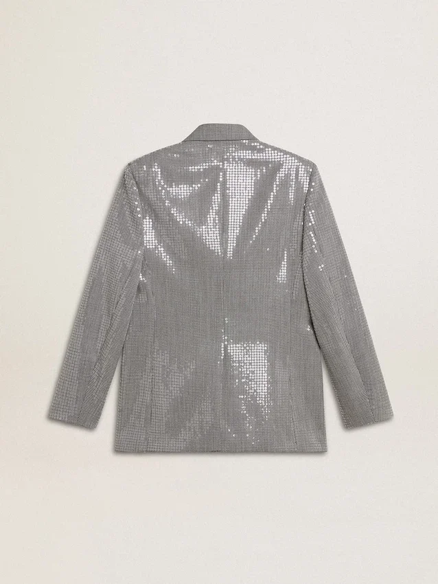 Veste boyfriend en laine à double boutonnage, motif micro-pied-de-poule et paillettes