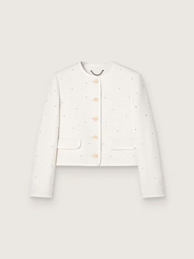 Veste carrée pour femme en coton bouclé entièrement ornée de perles