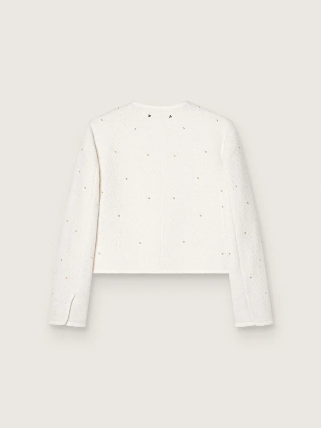 Veste carrée pour femme en coton bouclé entièrement ornée de perles