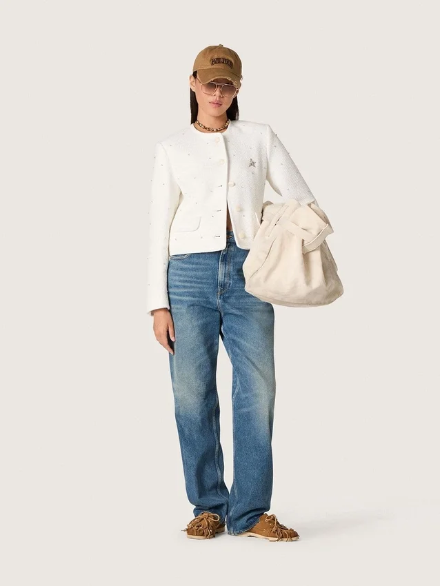 Veste carrée pour femme en coton bouclé entièrement ornée de perles