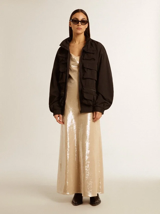 Veste coupe-vent noire à multiples poches