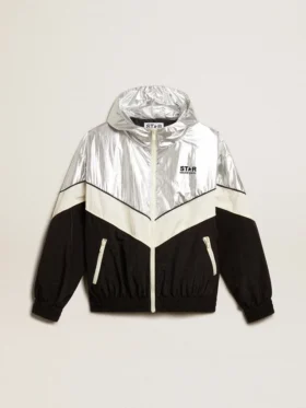 Veste coupe-vent pour femme en tissu technique argenté et noir