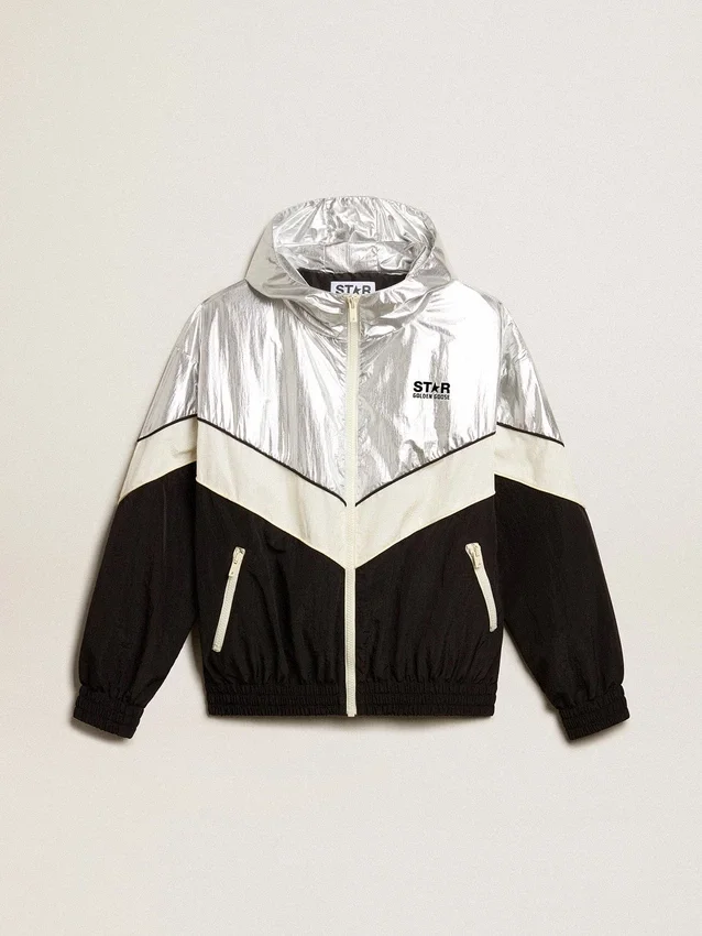 Veste coupe-vent pour femme en tissu technique argenté et noir