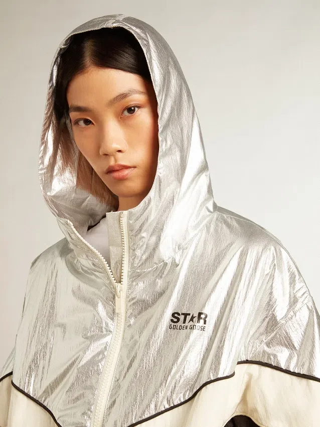 Veste coupe-vent pour femme en tissu technique argenté et noir