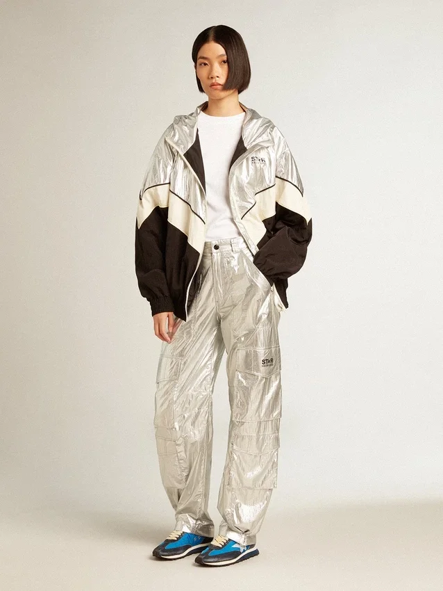 Veste coupe-vent pour femme en tissu technique argenté et noir