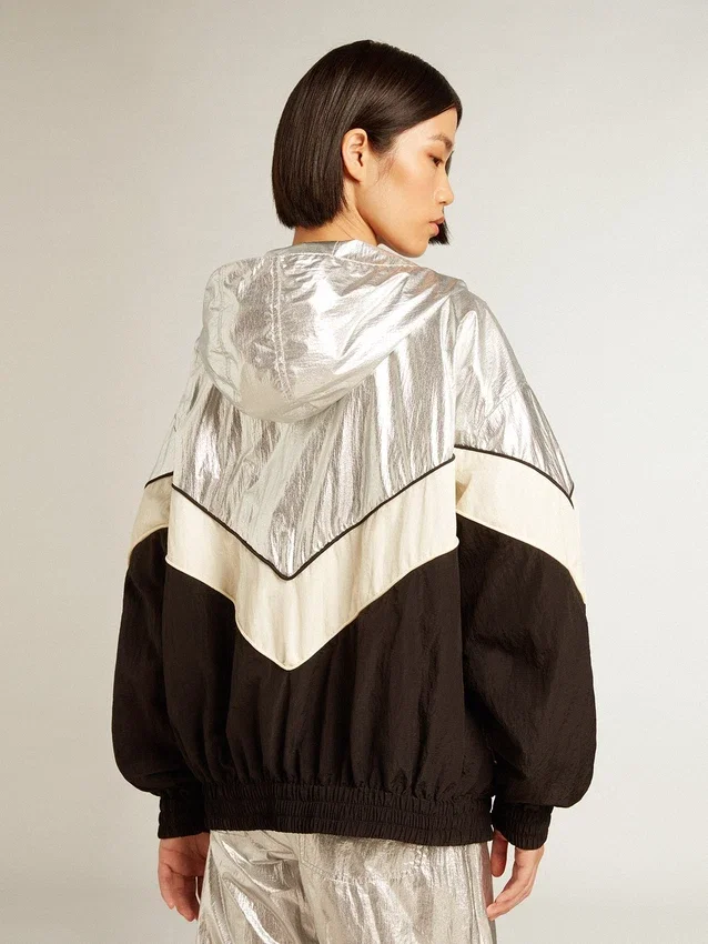 Veste coupe-vent pour femme en tissu technique argenté et noir