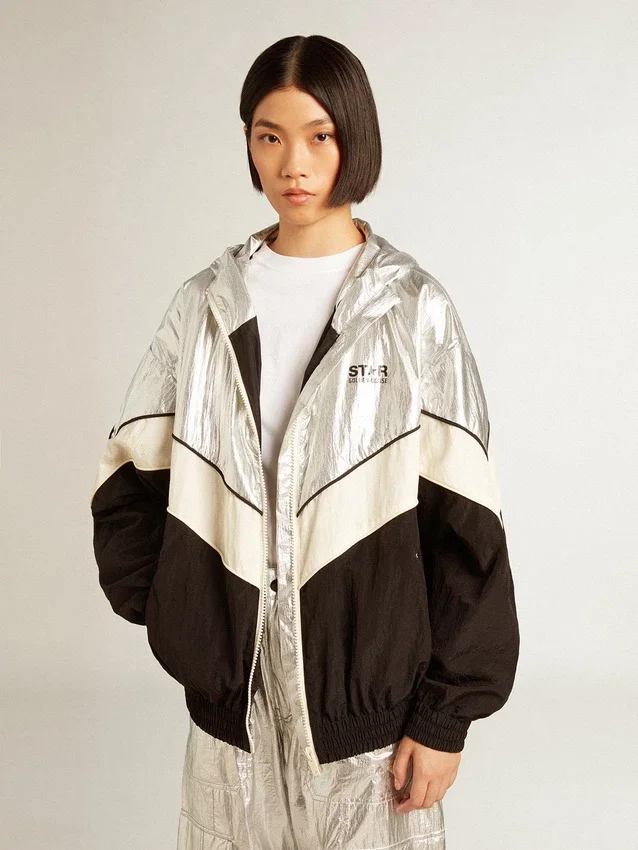 Veste coupe-vent pour femme en tissu technique argenté et noir