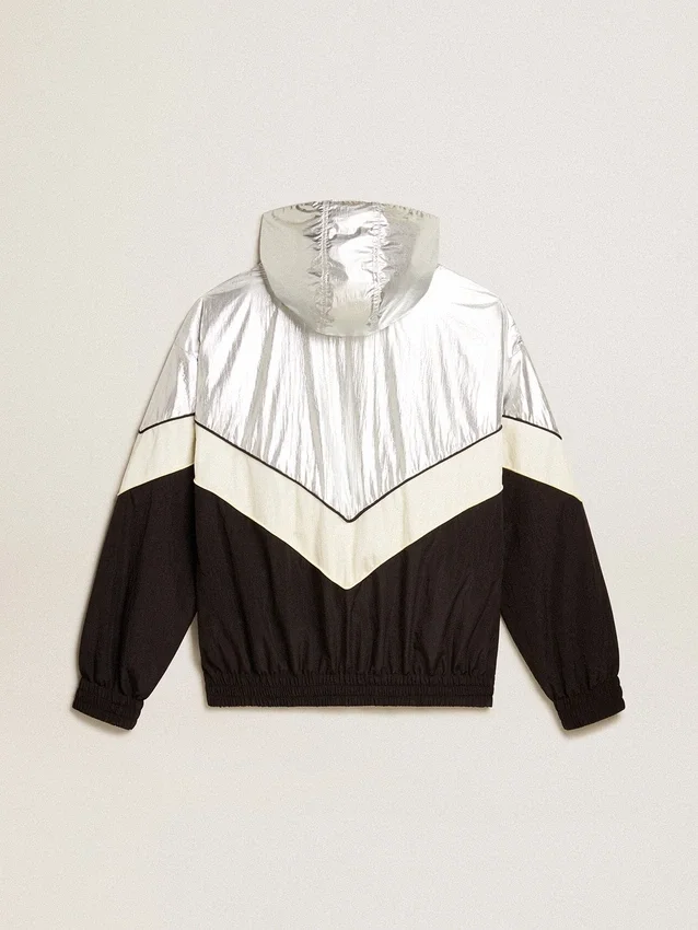 Veste coupe-vent pour femme en tissu technique argenté et noir