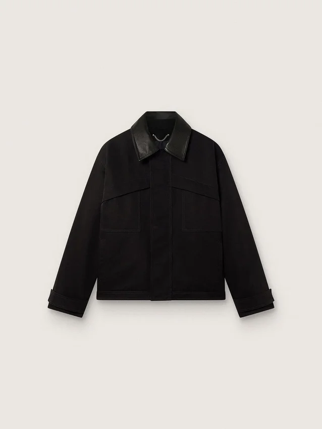 Veste courte rembourrée pour homme en coton noir avec col en cuir