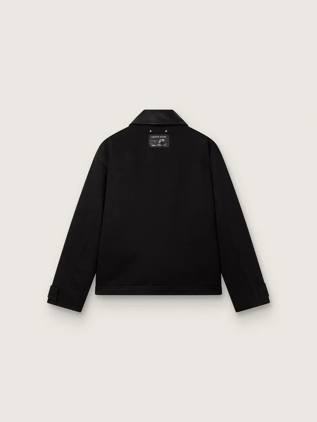 Veste courte rembourrée pour homme en coton noir avec col en cuir
