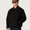 Veste courte rembourrée pour homme en coton noir avec col en cuir