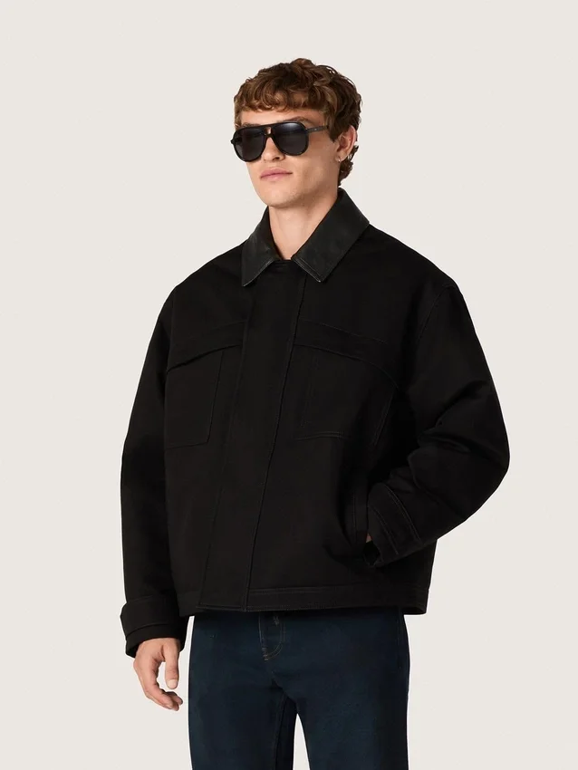 Veste courte rembourrée pour homme en coton noir avec col en cuir