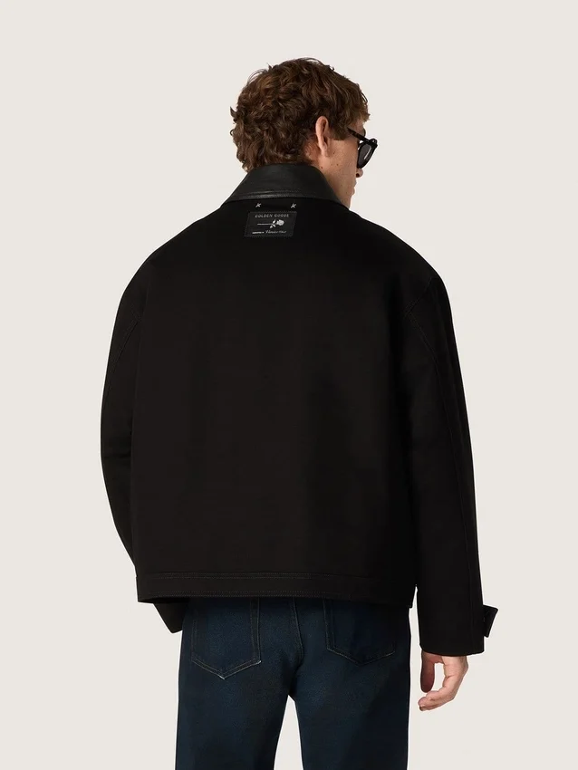 Veste courte rembourrée pour homme en coton noir avec col en cuir