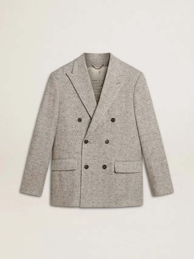 Veste croisée pour homme en soie grise et laine à chevrons