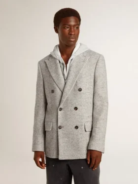 Veste croisée pour homme en soie grise et laine à chevrons