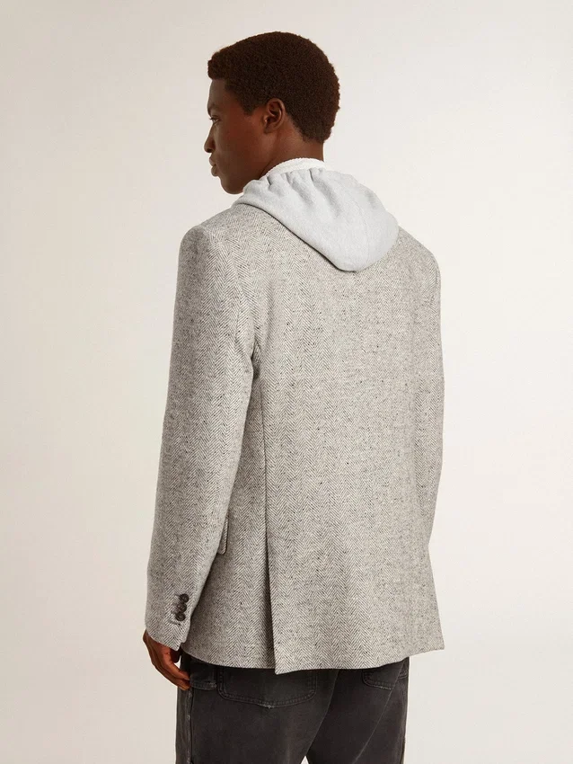 Veste croisée pour homme en soie grise et laine à chevrons
