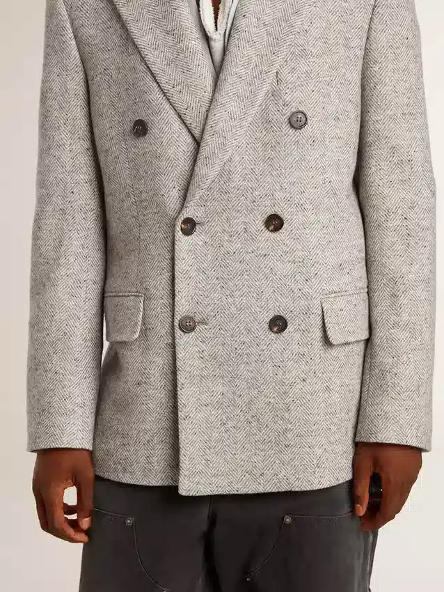 Veste croisée pour homme en soie grise et laine à chevrons