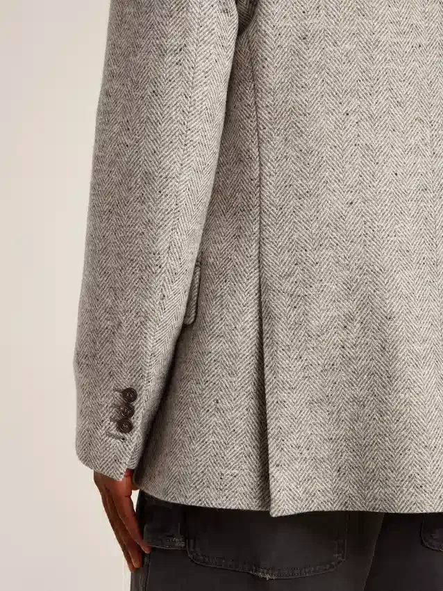 Veste croisée pour homme en soie grise et laine à chevrons
