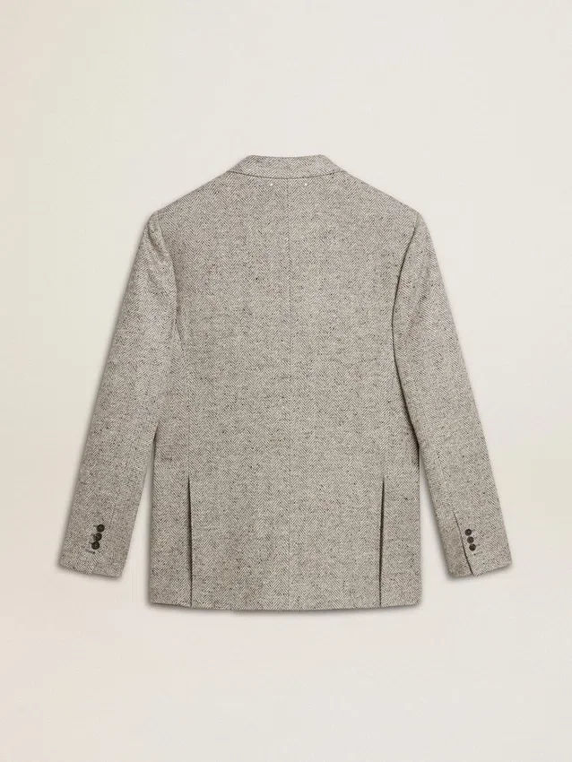 Veste croisée pour homme en soie grise et laine à chevrons