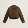 Veste de motard courte en cuir marron pour femme avec fermeture à glissière