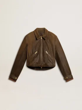 Veste de motard courte en cuir marron pour femme avec fermeture à glissière
