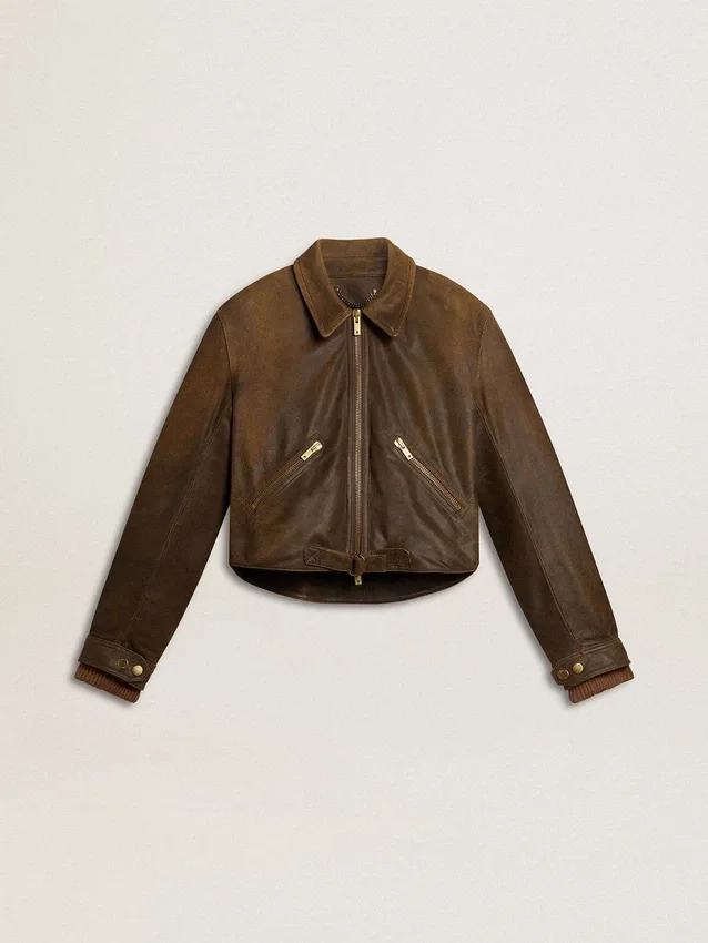 Veste de motard courte en cuir marron pour femme avec fermeture à glissière