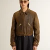 Veste de motard courte en cuir marron pour femme avec fermeture à glissière