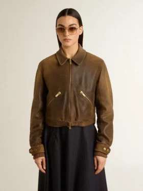 Veste de motard courte en cuir marron pour femme avec fermeture à glissière