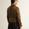 Veste de motard courte en cuir marron pour femme avec fermeture à glissière