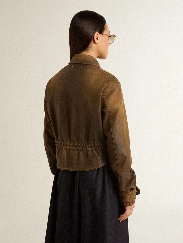 Veste de motard courte en cuir marron pour femme avec fermeture à glissière