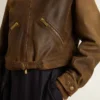 Veste de motard courte en cuir marron pour femme avec fermeture à glissière