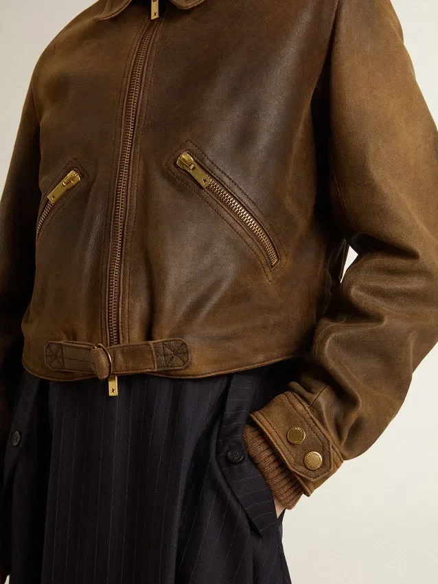 Veste de motard courte en cuir marron pour femme avec fermeture à glissière