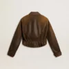 Veste de motard courte en cuir marron pour femme avec fermeture à glissière