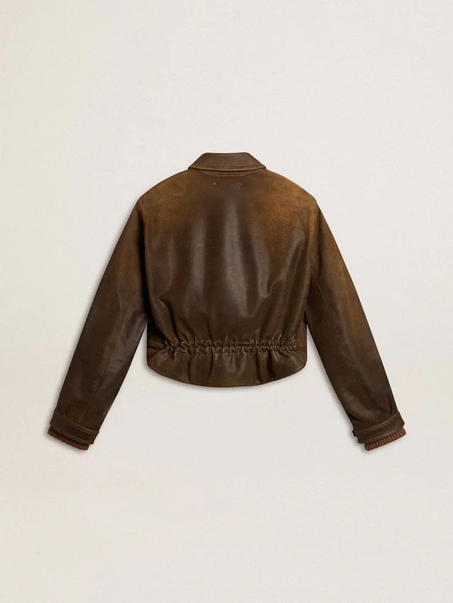 Veste de motard courte en cuir marron pour femme avec fermeture à glissière