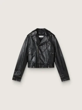 Veste de motard en cuir noir pour femme à l’effet brillant