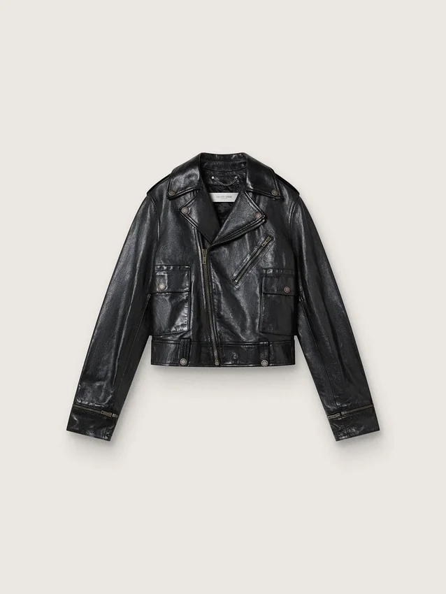 Veste de motard en cuir noir pour femme à l’effet brillant