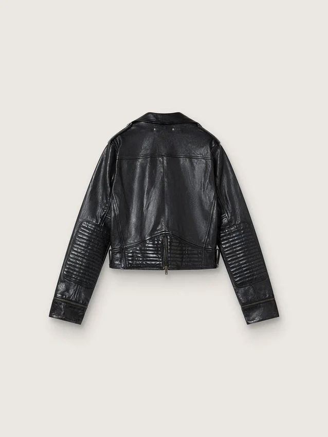 Veste de motard en cuir noir pour femme à l’effet brillant