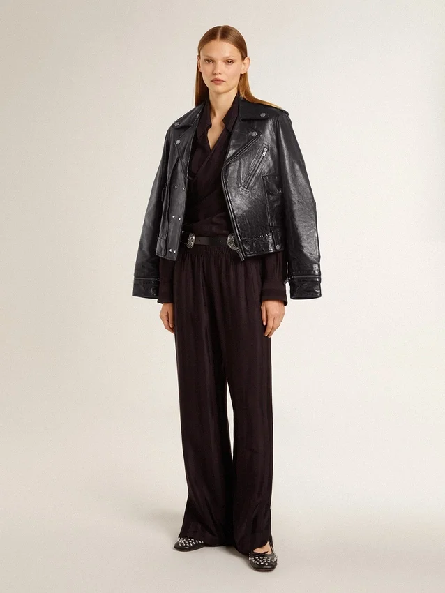 Veste de motard en cuir noir pour femme à l’effet brillant