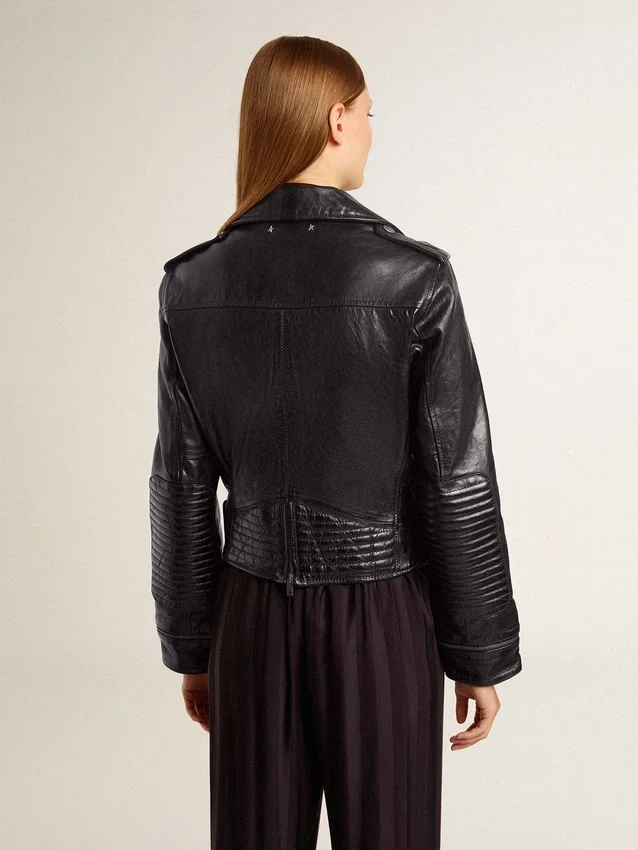 Veste de motard en cuir noir pour femme à l’effet brillant