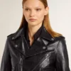 Veste de motard en cuir noir pour femme à l’effet brillant