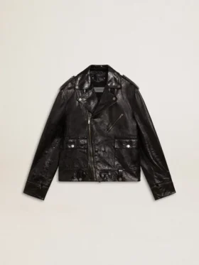 Veste de motard en cuir noir pour homme à l’effet brillant
