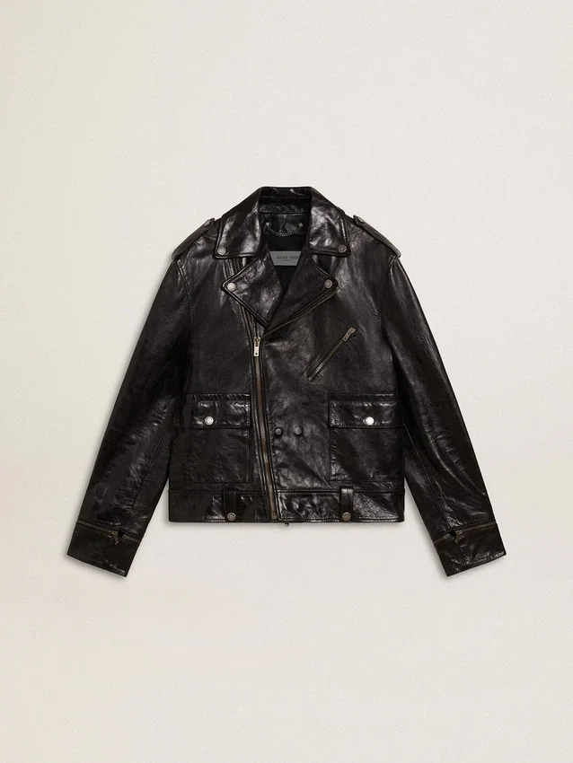 Veste de motard en cuir noir pour homme à l’effet brillant